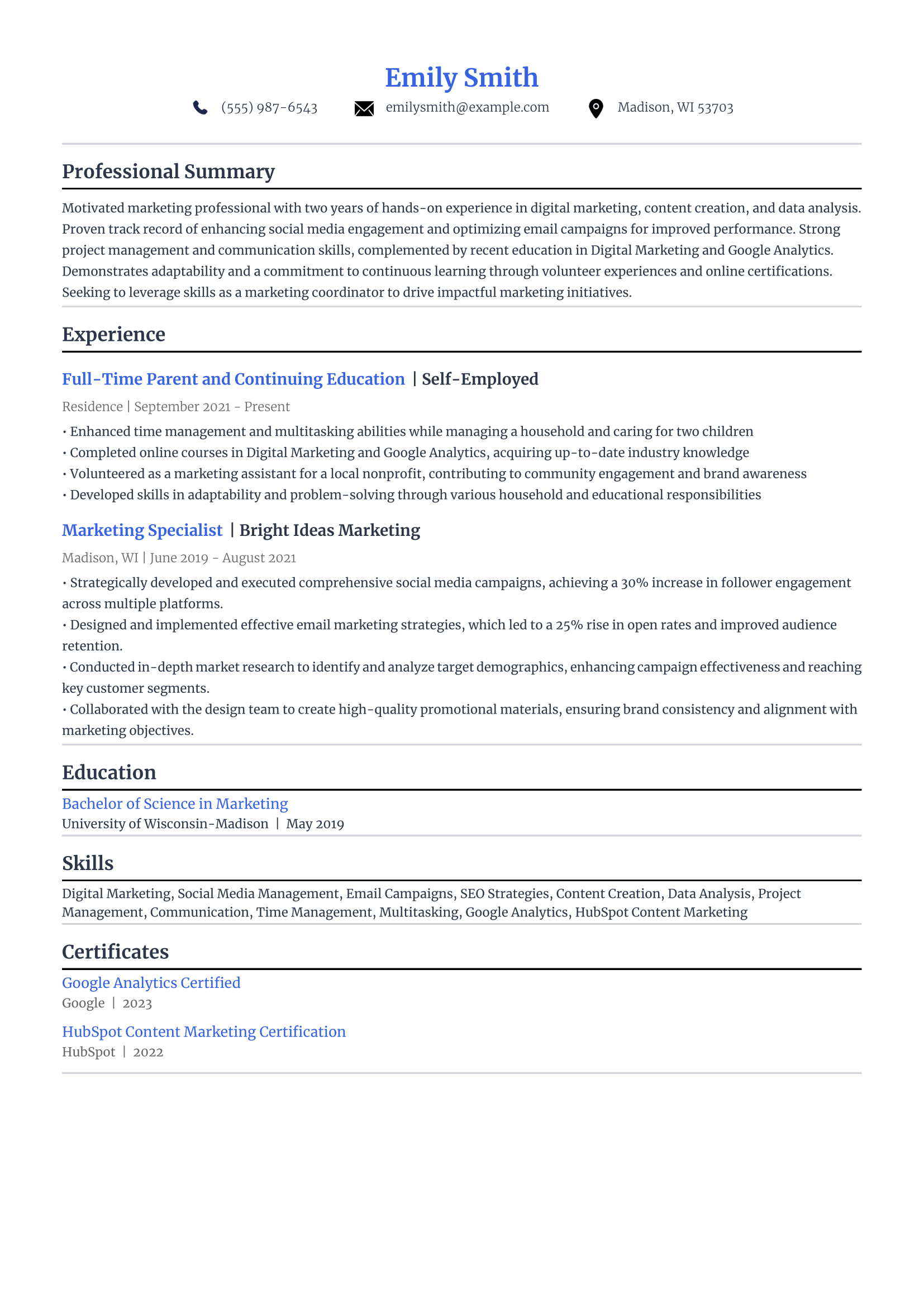 2. Entry Level Experience Resume Example